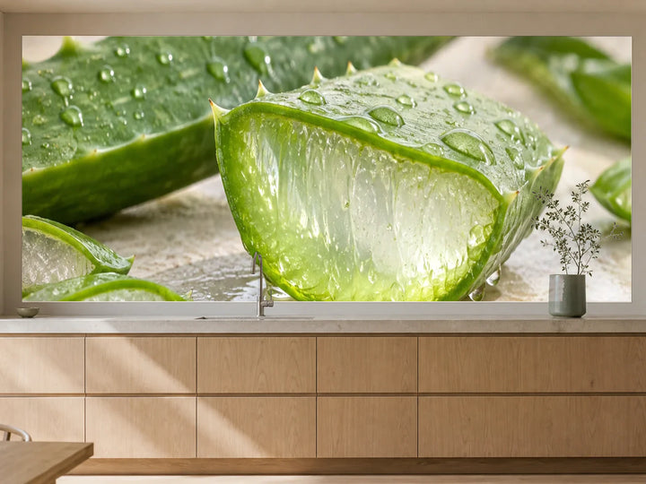 Küchenrückwand „Aloe mit durchsichtigem Gel“ als installierte Rückwand in einer warmen Küche