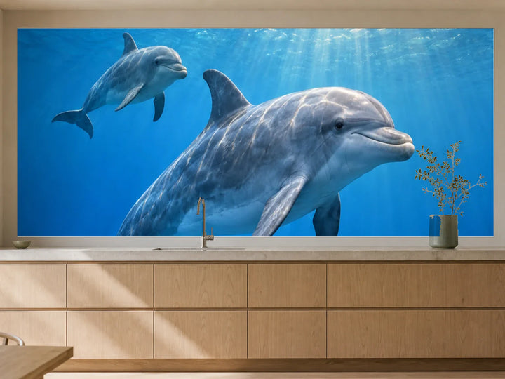 Küchenrückwand „Delfine im Sonnenwasser“ als installierte Rückwand in einer warmen Küche