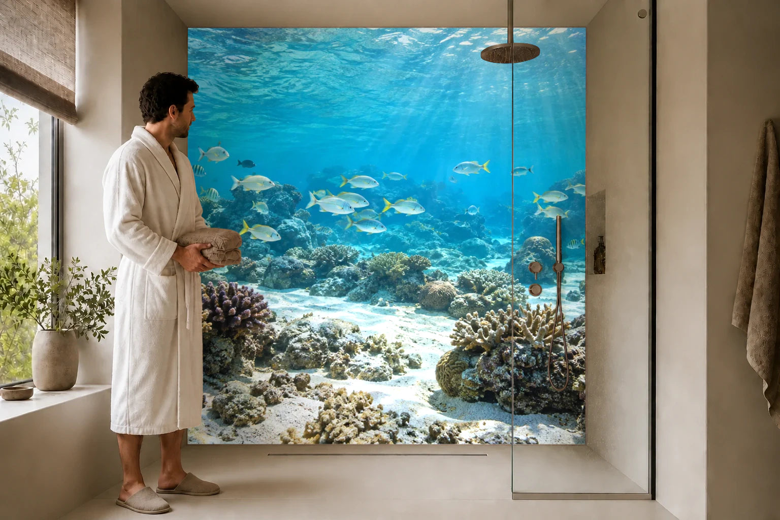 Duschrückwand „Kleine Rifffische über hellem Sand“ in einer Dusche mit einem Mann im Bademantel