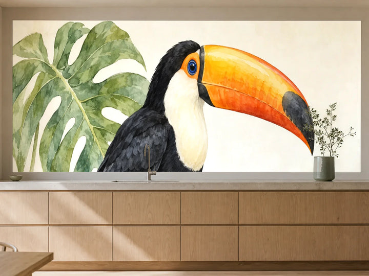Küchenrückwand „Tukan auf einem Zweig – Aquarell“ als installierte Rückwand in einer warmen Küche