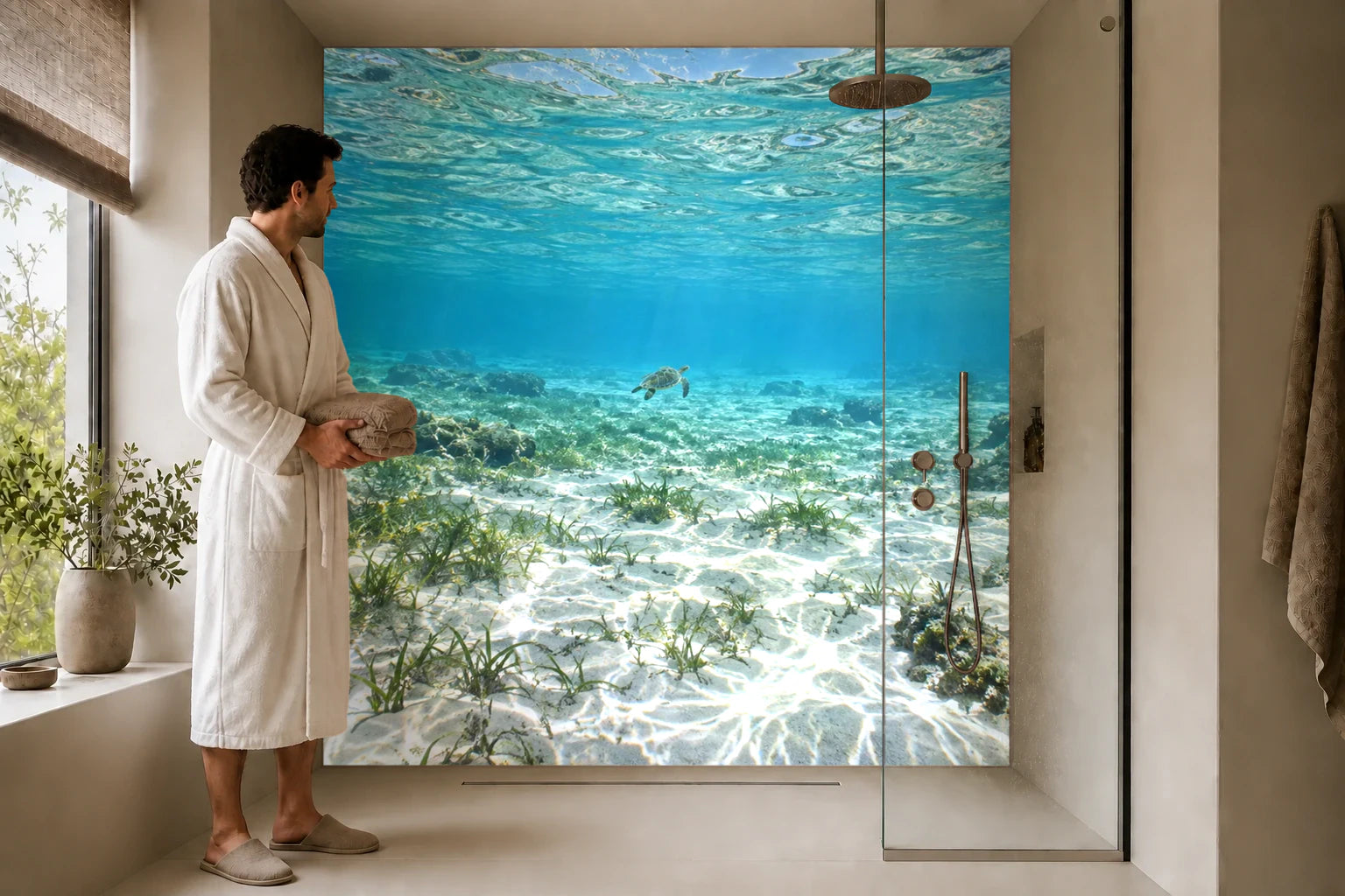 Duschrückwand „Schildkröte im klaren Flachwasser“ in einer Dusche mit einem Mann im Bademantel