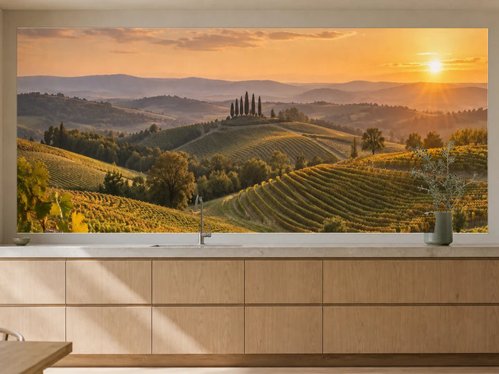 Küchenrückwand „Weinberg mit weiter Abendsonne“ als installierte Rückwand in einer warmen Küche