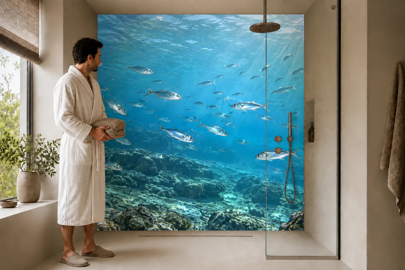Duschrückwand „Silbriger Fischschwarm im blauen Wasser“ in einer Dusche mit einem Mann im Bademantel