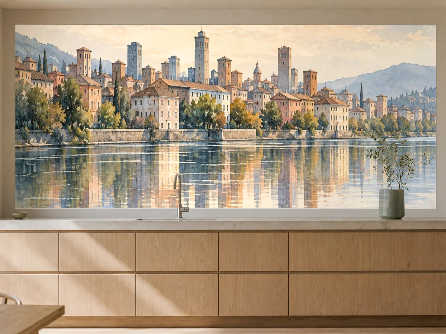 Küchenrückwand „Stadt am Fluss in Aquarell“ als installierte Rückwand in einer warmen Küche