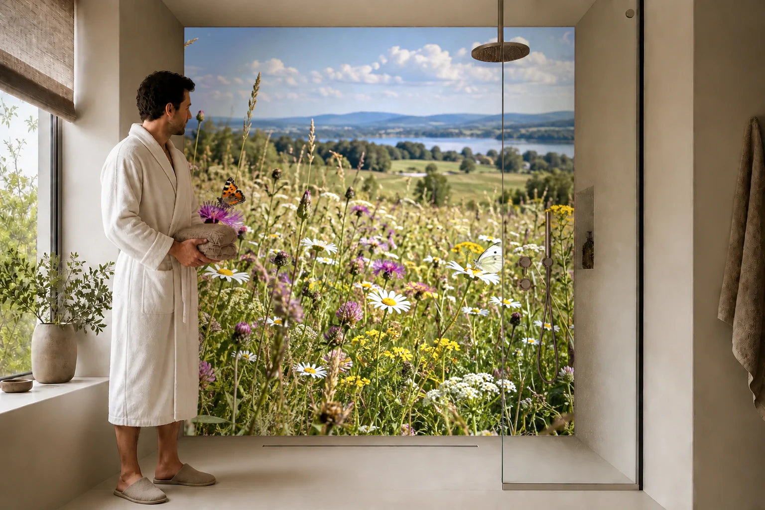 Duschrückwand „Schmetterlinge über der Sommerwiese“ in einer Dusche mit einem Mann im Bademantel