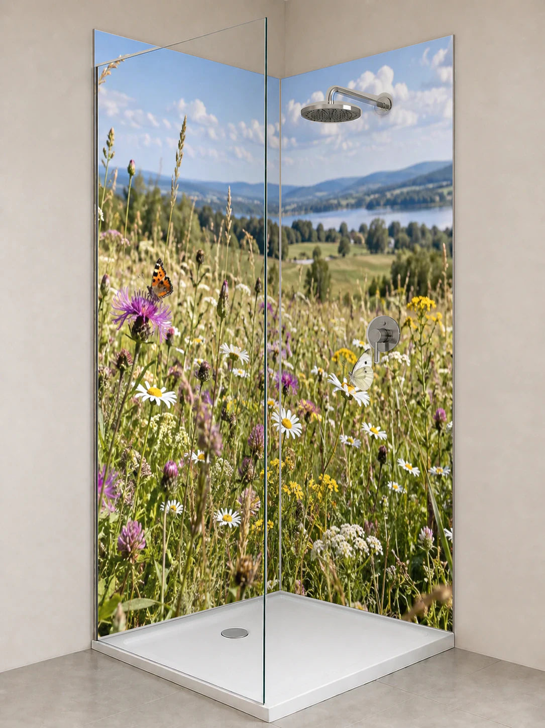Duschrückwand „Schmetterlinge über der Sommerwiese“ als installierte Rückwand in einer hellen Dusche