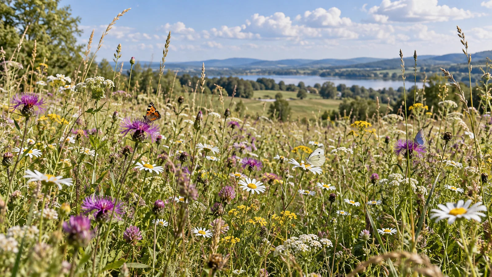 Motivvorschau „Schmetterlinge über der Sommerwiese“ für Duschrückwand