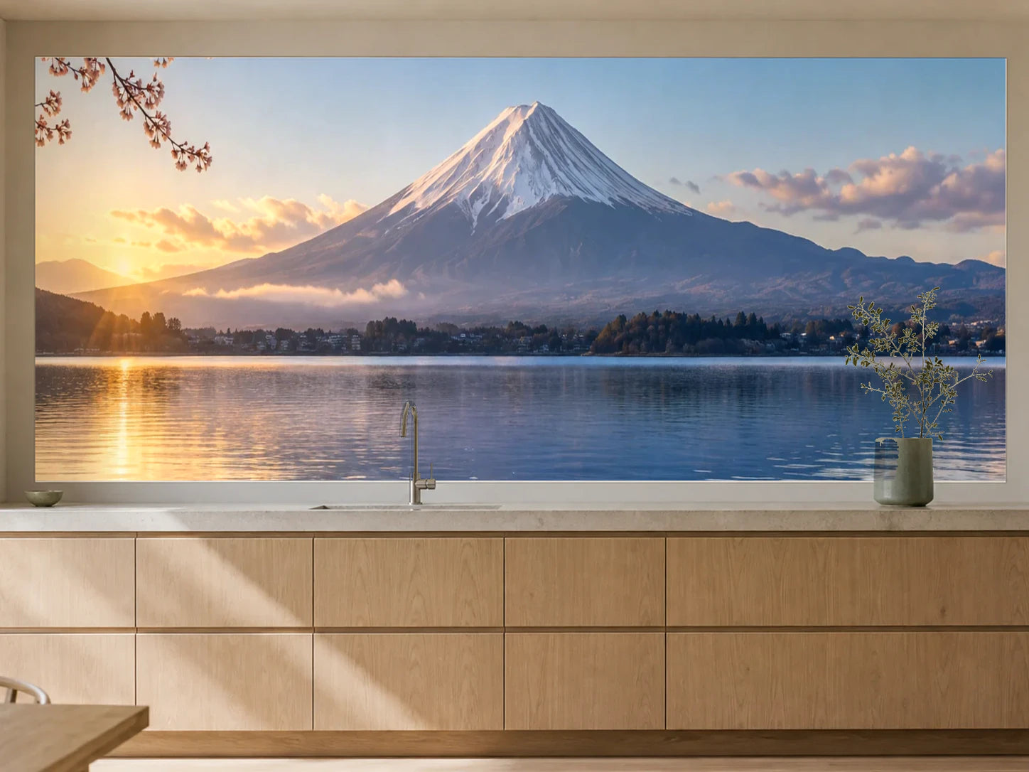 Küchenrückwand „Fuji über dem Kawaguchisee“ als installierte Rückwand in einer warmen Küche