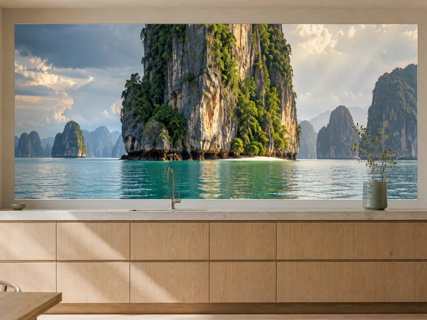 Küchenrückwand „Phang Nga nach dem Regen“ als installierte Rückwand in einer warmen Küche