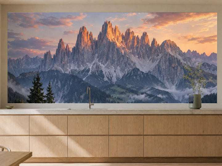 Küchenrückwand „Dolomiten im Alpenglühen“ als installierte Rückwand in einer warmen Küche