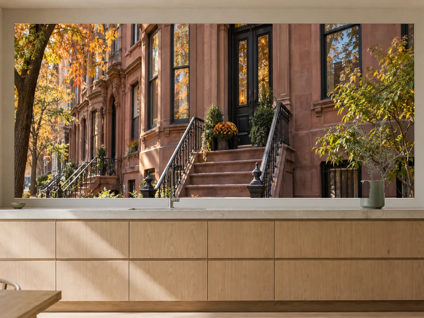 Küchenrückwand „Herbstlicht in Brooklyn“ als installierte Rückwand in einer warmen Küche