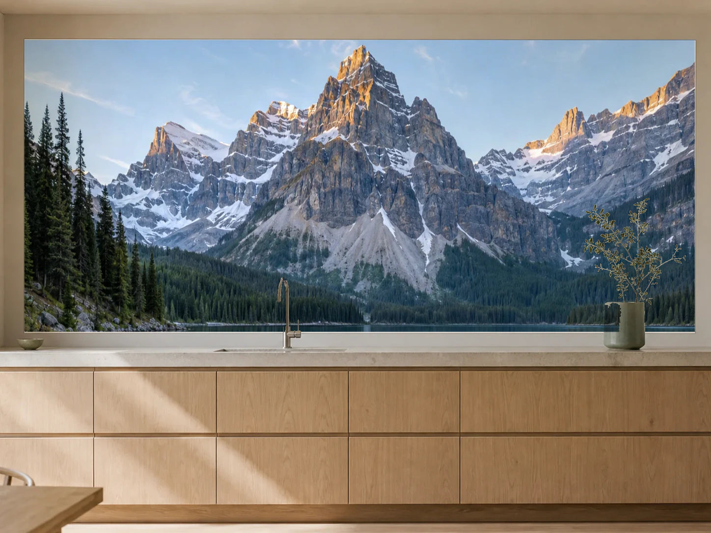 Küchenrückwand „Stiller Bergsee in den Rockies“ als installierte Rückwand in einer warmen Küche