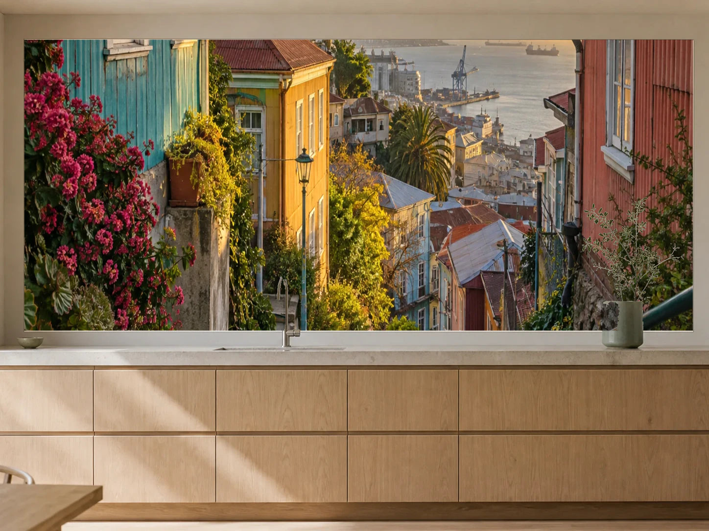Küchenrückwand „Valparaíso zwischen Sonne und Meer“ als installierte Rückwand in einer warmen Küche