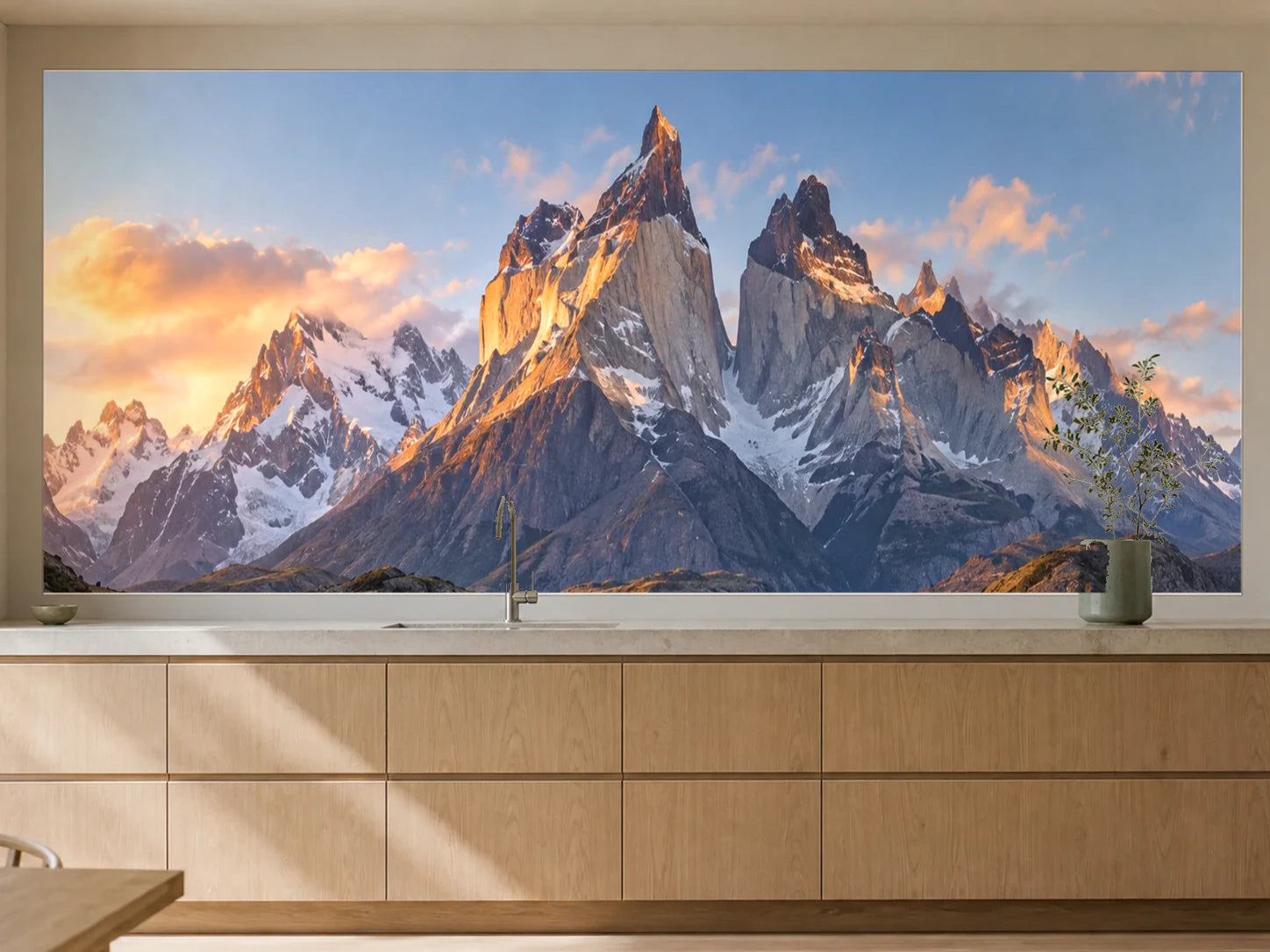Küchenrückwand „Torres del Paine im Morgenrot“ als installierte Rückwand in einer warmen Küche