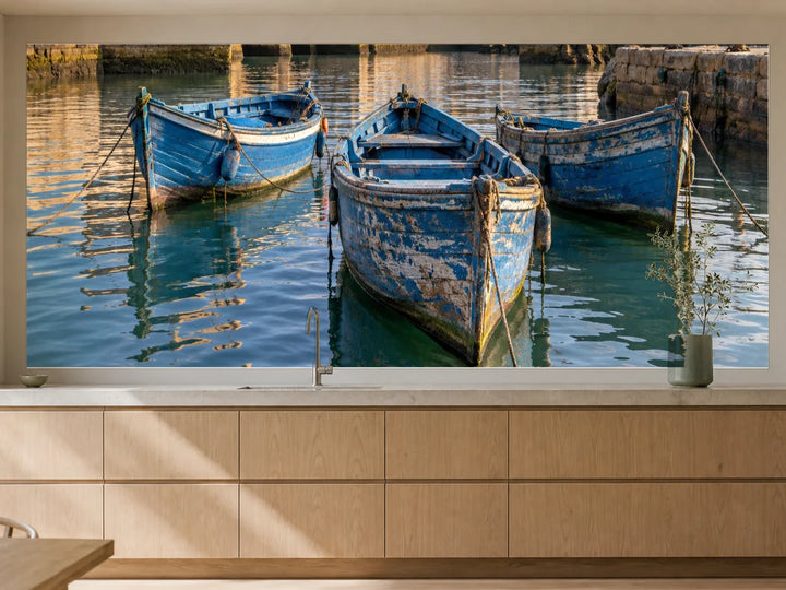 Küchenrückwand „Blaue Boote im Hafen von Essaouira“ als installierte Rückwand in einer warmen Küche