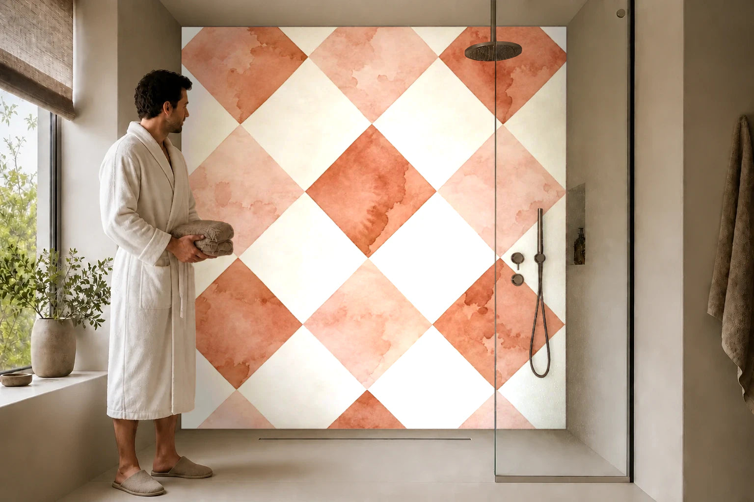 Duschrückwand „Terrakottarauten in Aquarell“ in einer Dusche mit einem Mann im Bademantel