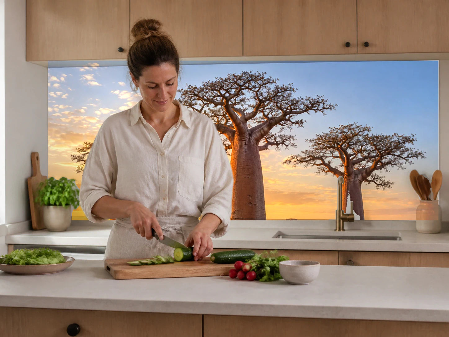 Küchenrückwand „Baobabs im Morgennebel“ beim Zubereiten von Gemüse in einer Küche