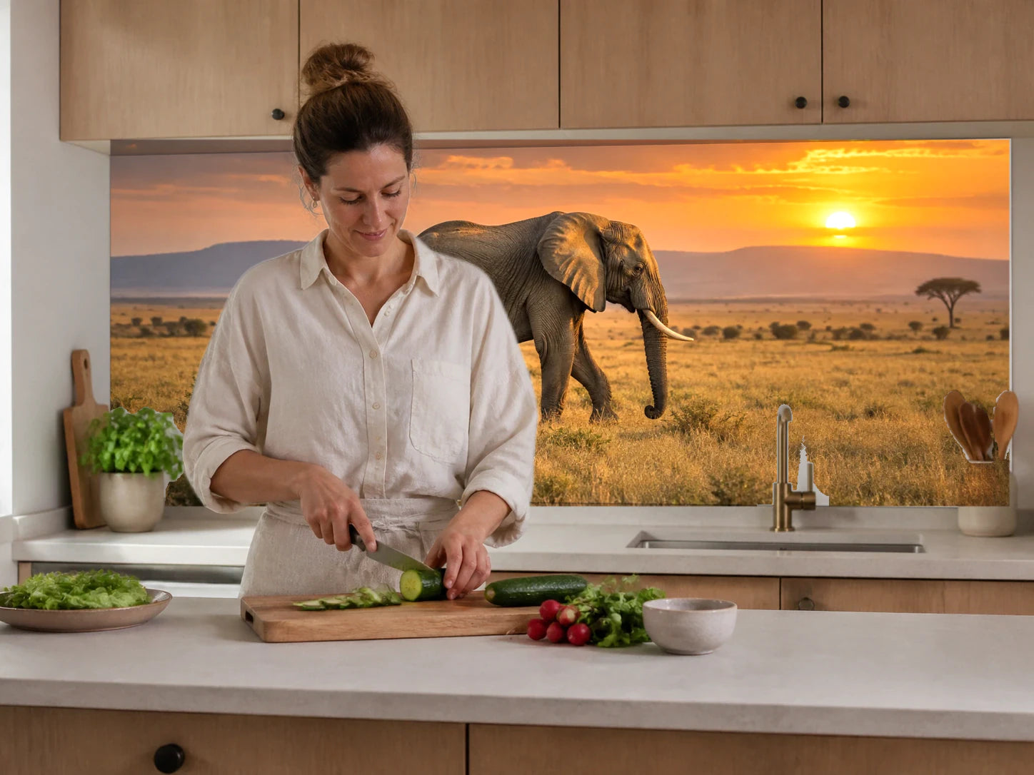 Küchenrückwand „Elefant im Abendlicht der Serengeti“ beim Zubereiten von Gemüse in einer Küche