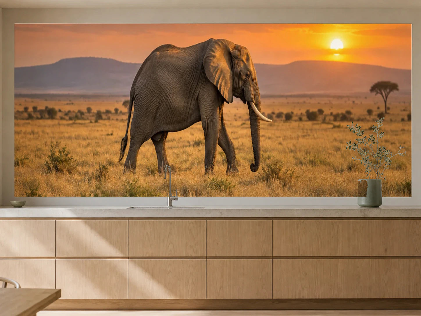 Küchenrückwand „Elefant im Abendlicht der Serengeti“ als installierte Rückwand in einer warmen Küche