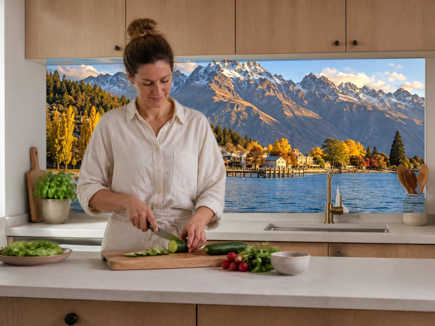 Küchenrückwand „Queenstown im Herbst“ beim Zubereiten von Gemüse in einer Küche