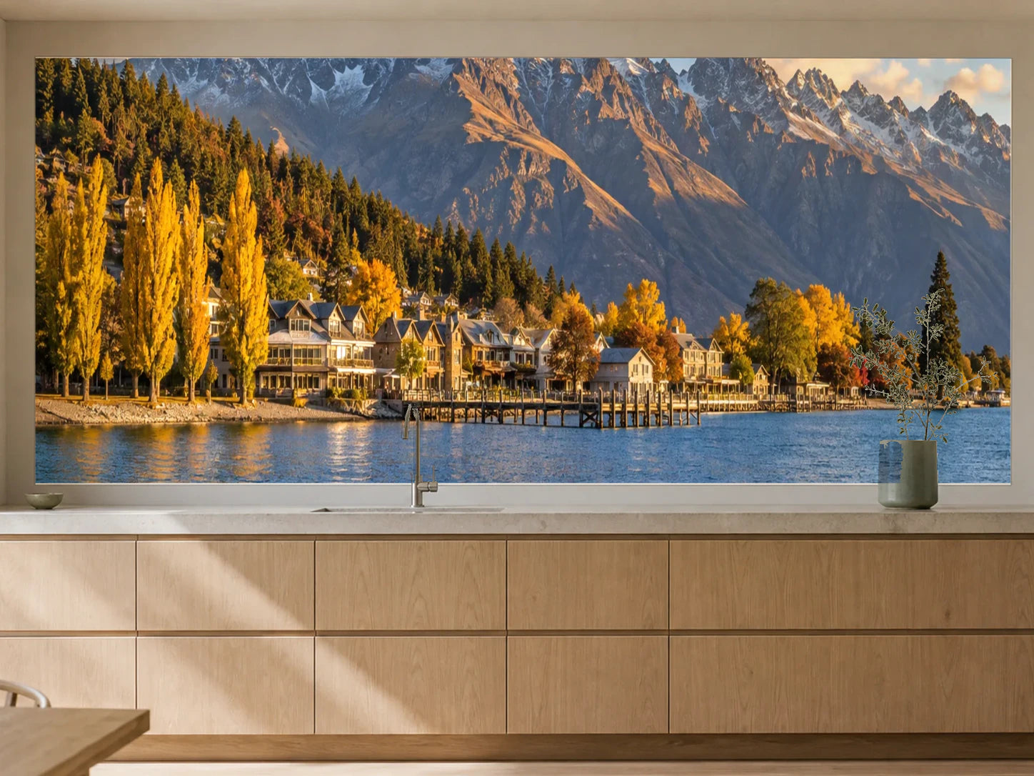 Küchenrückwand „Queenstown im Herbst“ als installierte Rückwand in einer warmen Küche