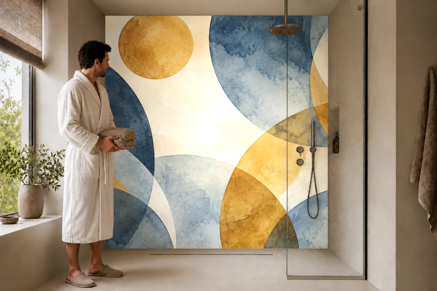 Duschrückwand „Aquarellkreise in Ocker und Blau“ in einer Dusche mit einem Mann im Bademantel