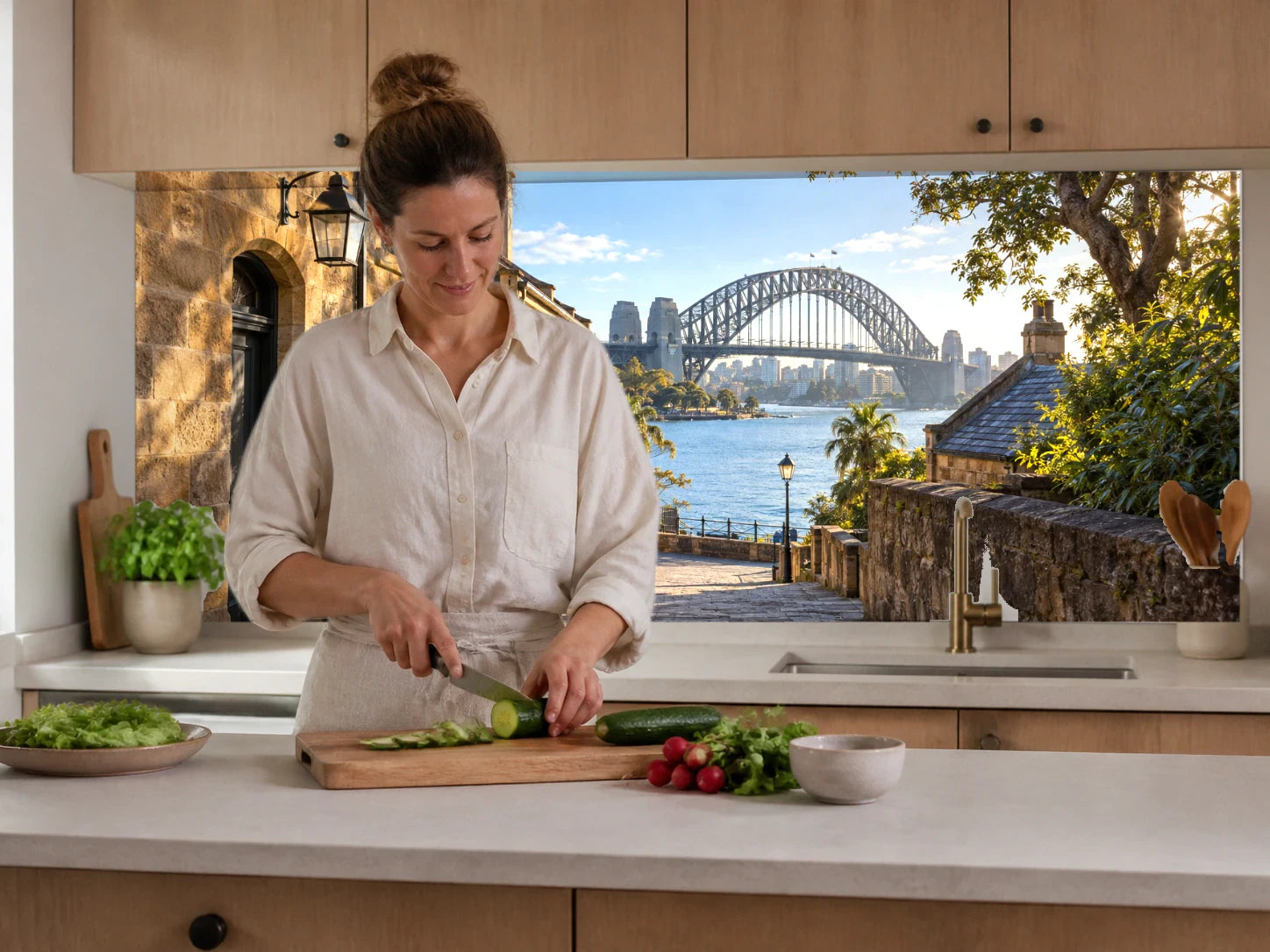 Küchenrückwand „Sydney im Morgenlicht“ beim Zubereiten von Gemüse in einer Küche