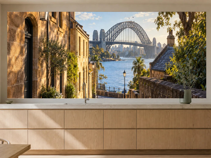 Küchenrückwand „Sydney im Morgenlicht“ als installierte Rückwand in einer warmen Küche