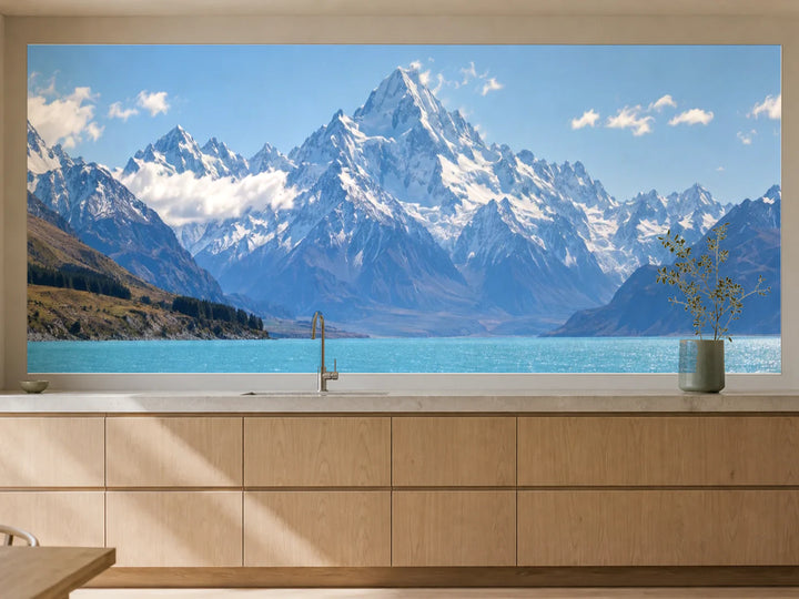Küchenrückwand „Aoraki über dem Gletschersee“ als installierte Rückwand in einer warmen Küche