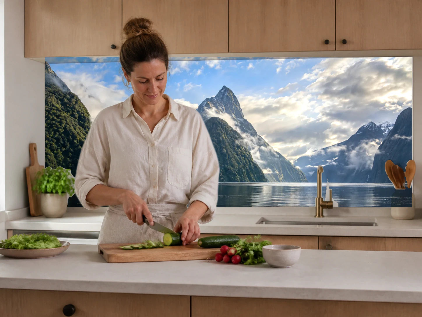 Küchenrückwand „Milford Sound nach dem Regen“ beim Zubereiten von Gemüse in einer Küche