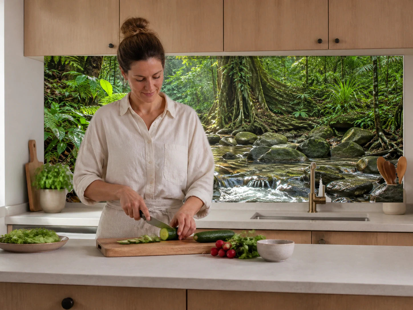 Küchenrückwand „Ein Bach im Daintree-Regenwald“ beim Zubereiten von Gemüse in einer Küche