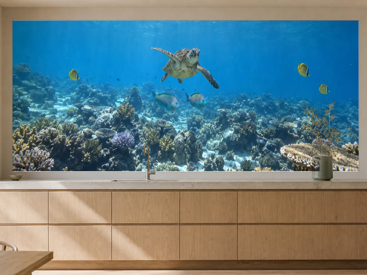 Küchenrückwand „Schildkröte am Great Barrier Reef“ als installierte Rückwand in einer warmen Küche
