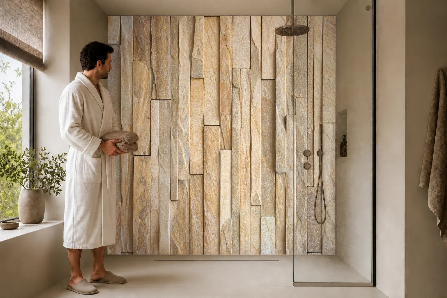 Duschrückwand „Sandquarzit in Linienlagen“ in einer Dusche mit einem Mann im Bademantel