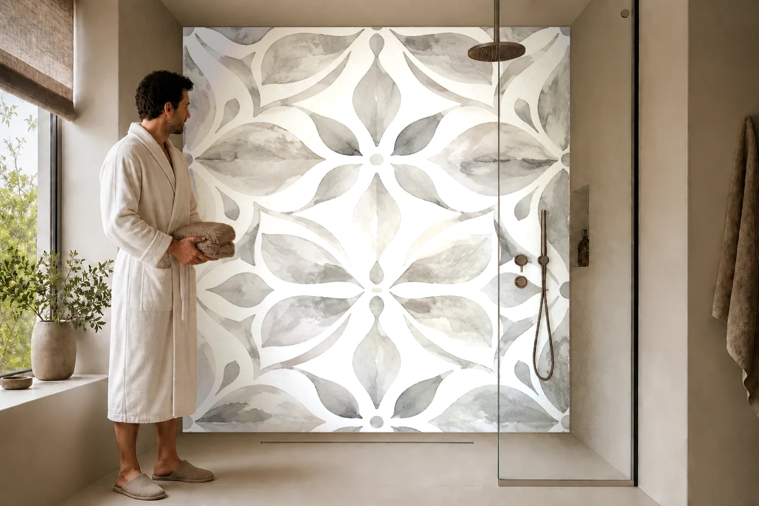 Duschrückwand „Blütenornament in sanftem Grau“ in einer Dusche mit einem Mann im Bademantel