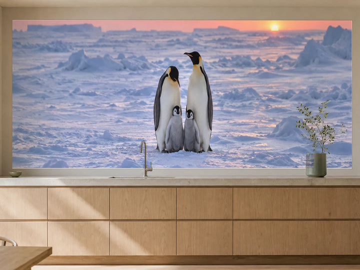 Küchenrückwand „Kaiserpinguine im Morgenrosa“ als installierte Rückwand in einer warmen Küche