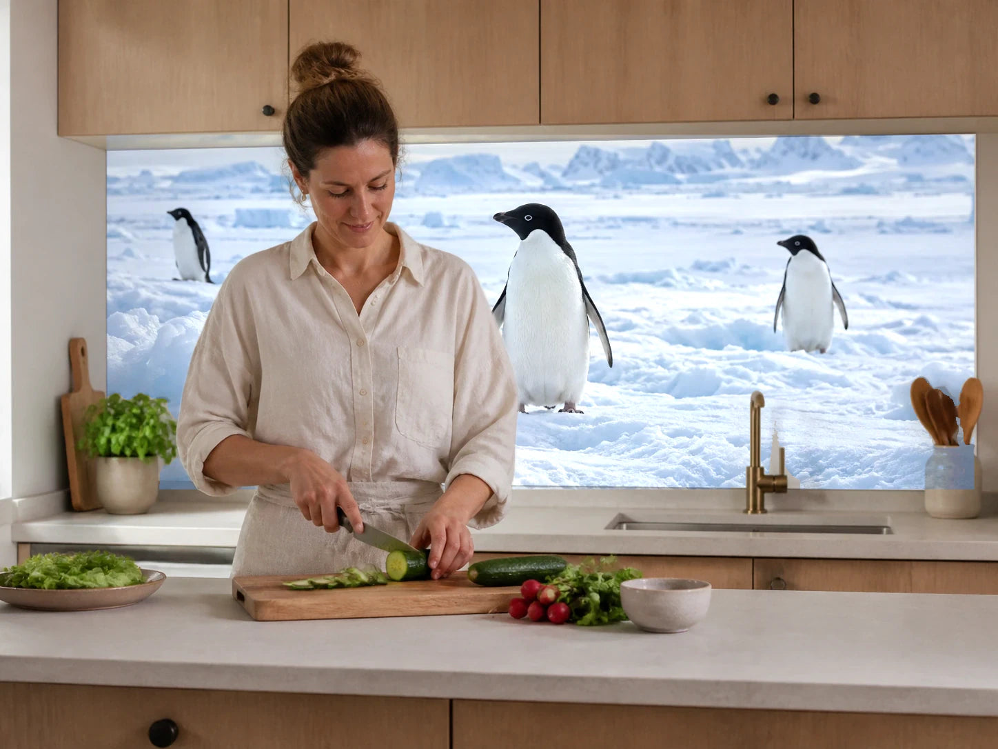 Küchenrückwand „Adeliepinguine auf dem Meereis“ beim Zubereiten von Gemüse in einer Küche