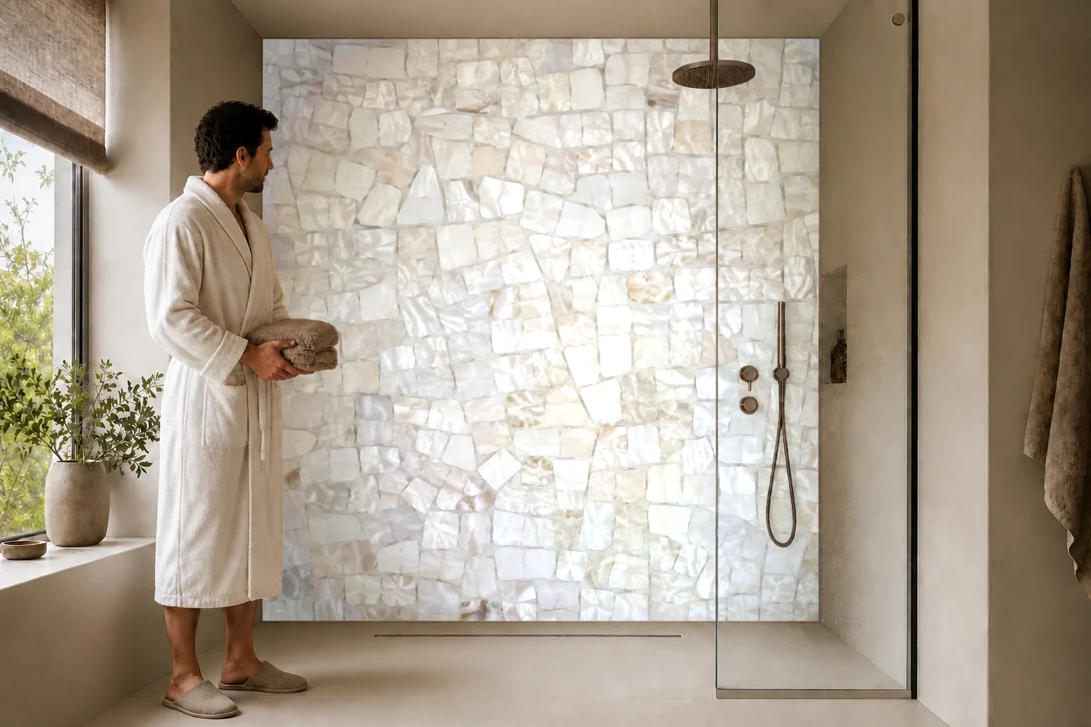 Duschrückwand „Muschelmosaik in Perlmuttweiß“ in einer Dusche mit einem Mann im Bademantel
