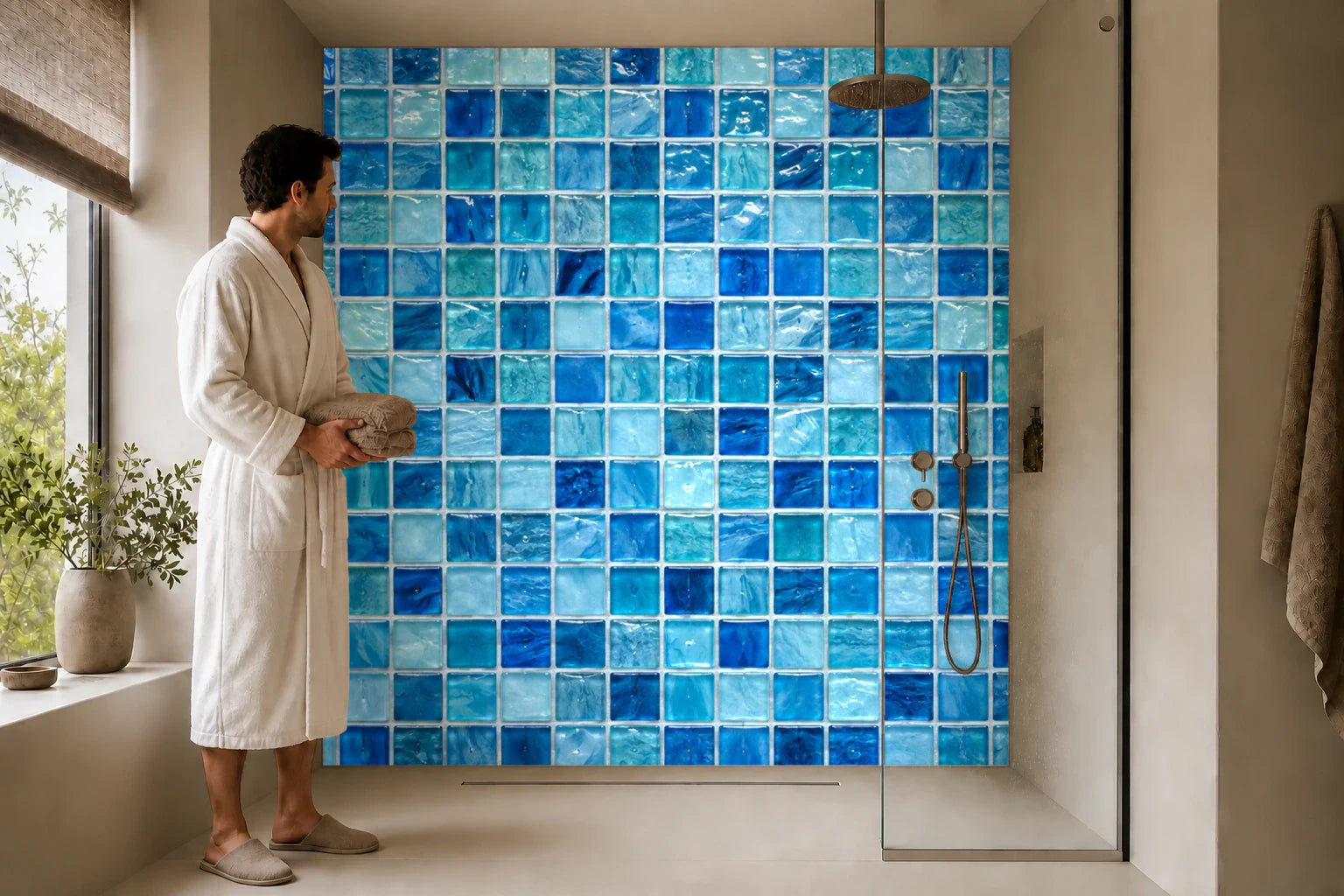 Duschrückwand „Glasmosaik in Lagunenblau“ in einer Dusche mit einem Mann im Bademantel