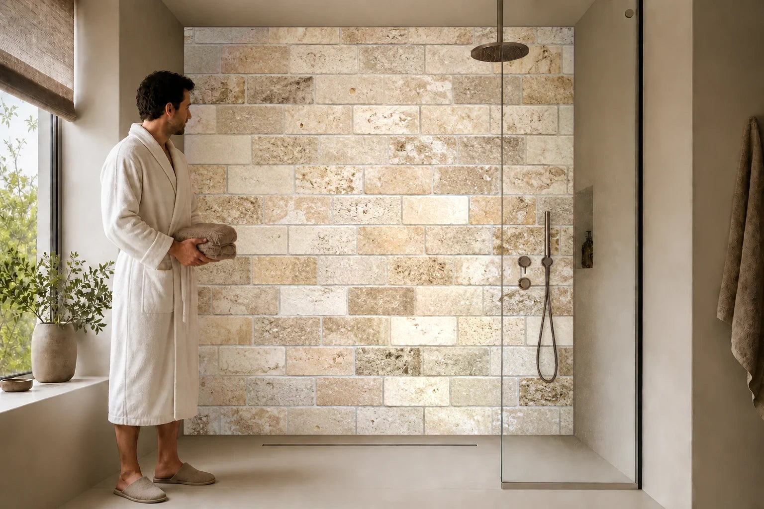 Duschrückwand „Steinmosaik in warmem Sand“ in einer Dusche mit einem Mann im Bademantel