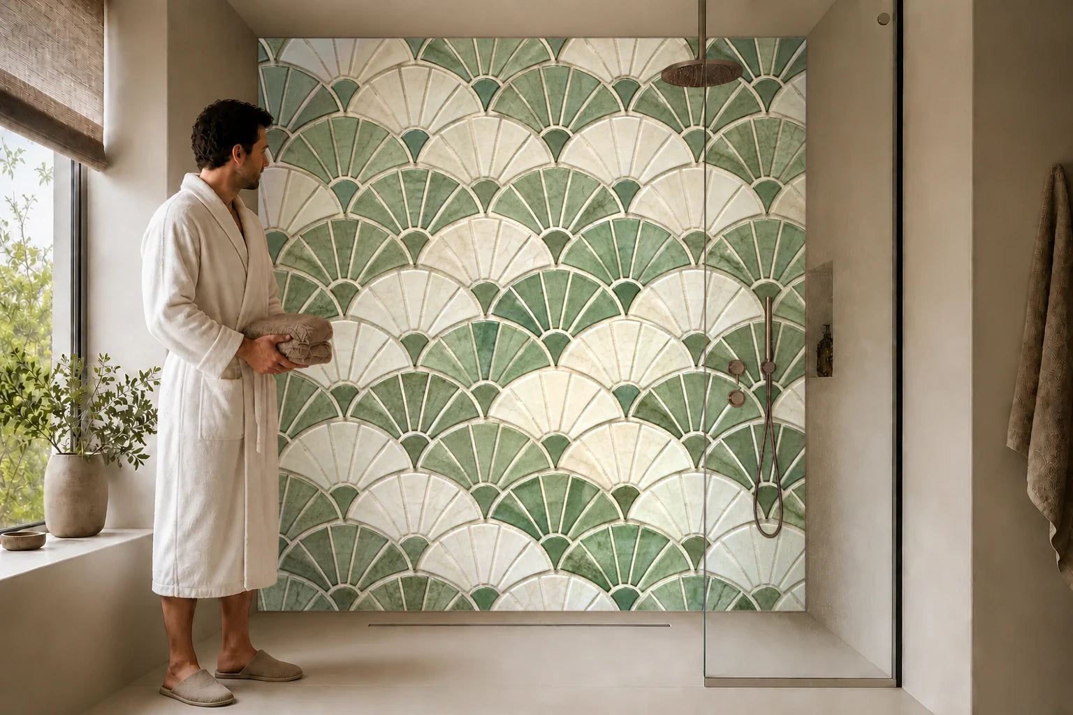 Duschrückwand „Mosaikfächer in Grün und Creme“ in einer Dusche mit einem Mann im Bademantel