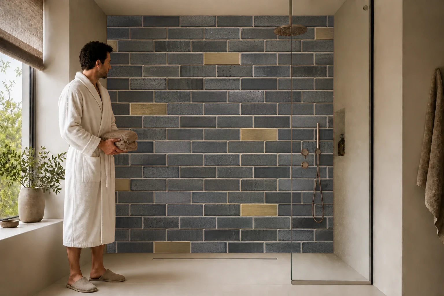 Duschrückwand „Graphitmosaik mit Messingakzenten“ in einer Dusche mit einem Mann im Bademantel