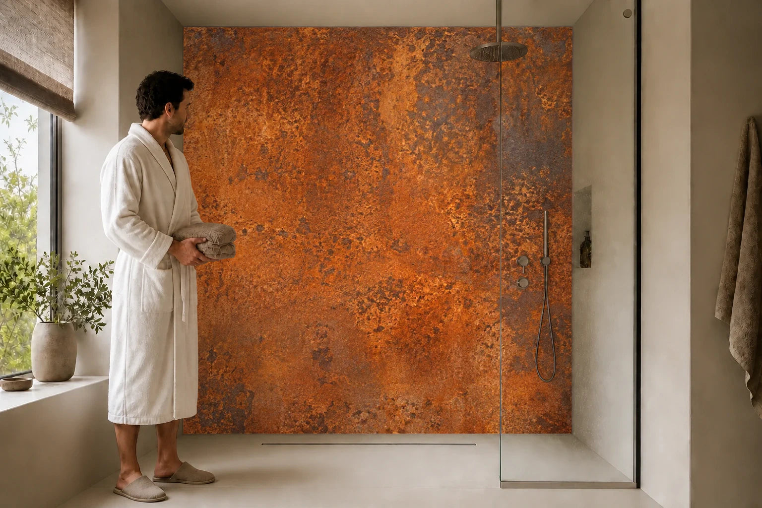 Duschrückwand „Roststahl in warmem Orangebraun“ in einer Dusche mit einem Mann im Bademantel