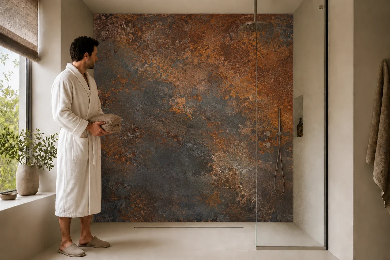 Duschrückwand „Dunkler Stahl mit rostfarbenen Wolken“ in einer Dusche mit einem Mann im Bademantel