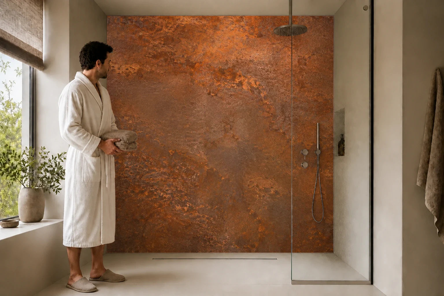 Duschrückwand „Kupferbraune Metallpatina“ in einer Dusche mit einem Mann im Bademantel