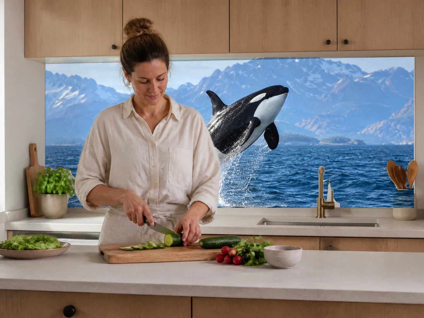 Küchenrückwand „Orca im Sprung vor Norwegens Küste“ beim Zubereiten von Gemüse in einer Küche