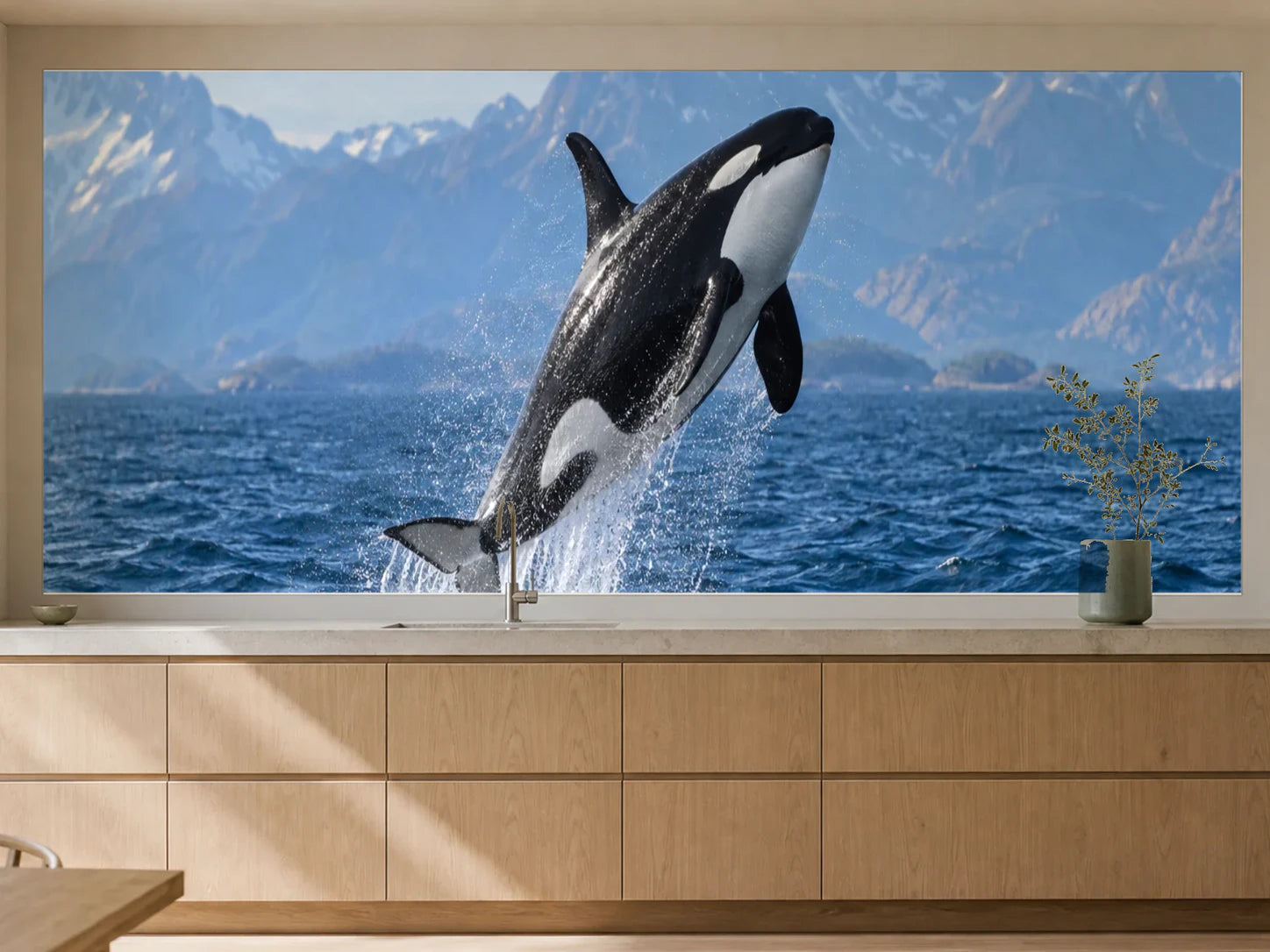 Küchenrückwand „Orca im Sprung vor Norwegens Küste“ als installierte Rückwand in einer warmen Küche