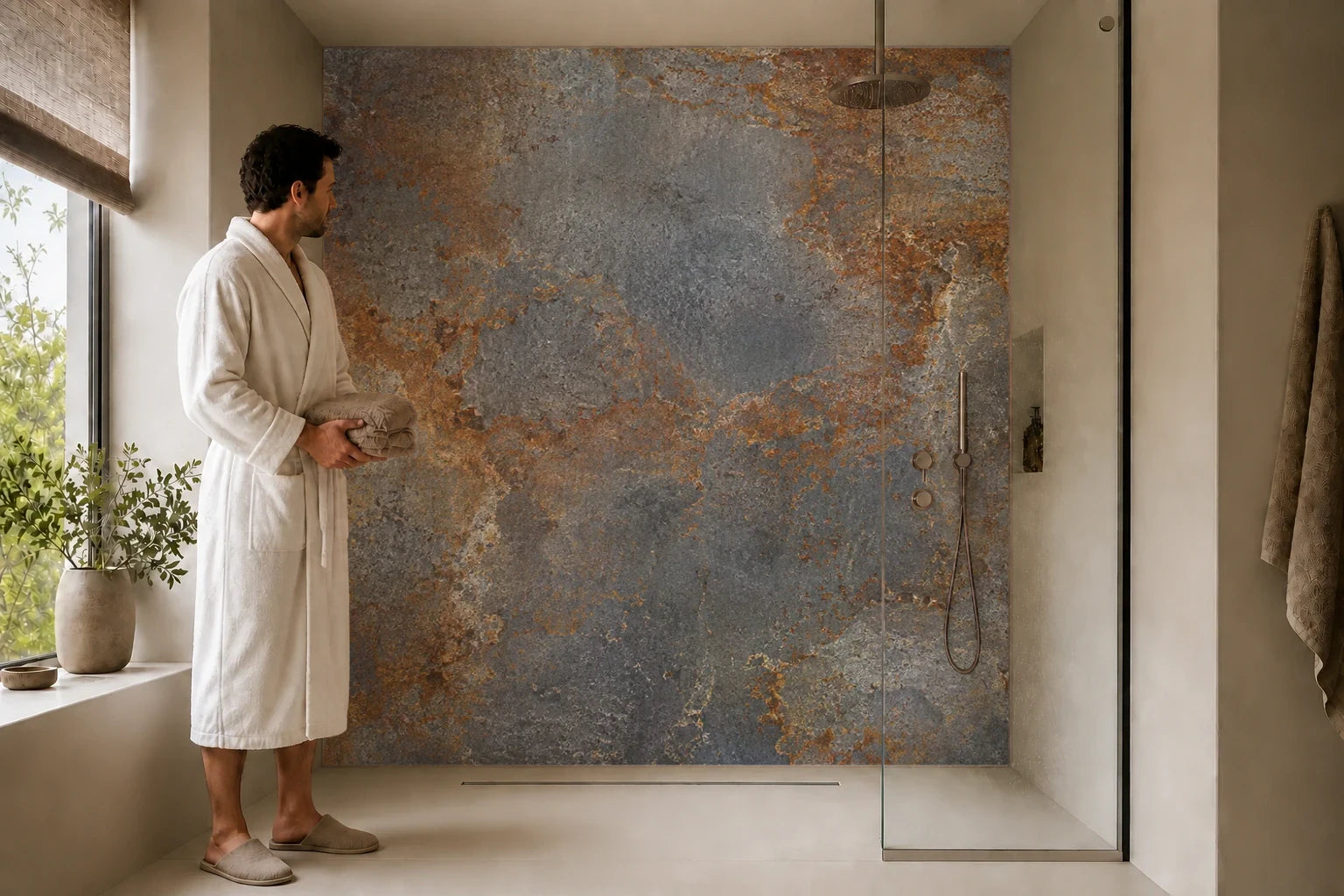 Duschrückwand „Eisenpatina in Ocker und Schiefergrau“ in einer Dusche mit einem Mann im Bademantel