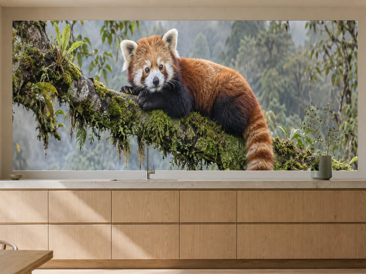 Küchenrückwand „Roter Panda im nepalesischen Bergwald“ als installierte Rückwand in einer warmen Küche