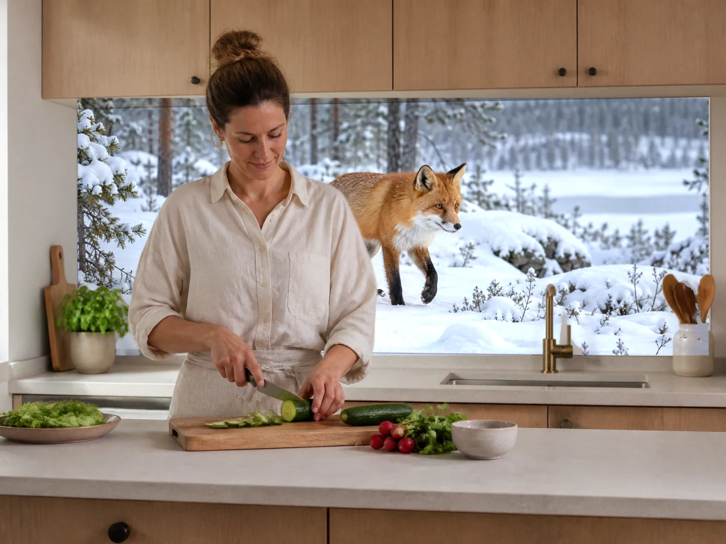 Küchenrückwand „Rotfuchs im finnischen Schnee“ beim Zubereiten von Gemüse in einer Küche