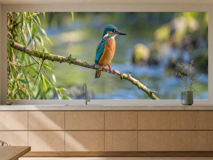 Küchenrückwand „Eisvogel über dem klaren Bach“ als installierte Rückwand in einer warmen Küche